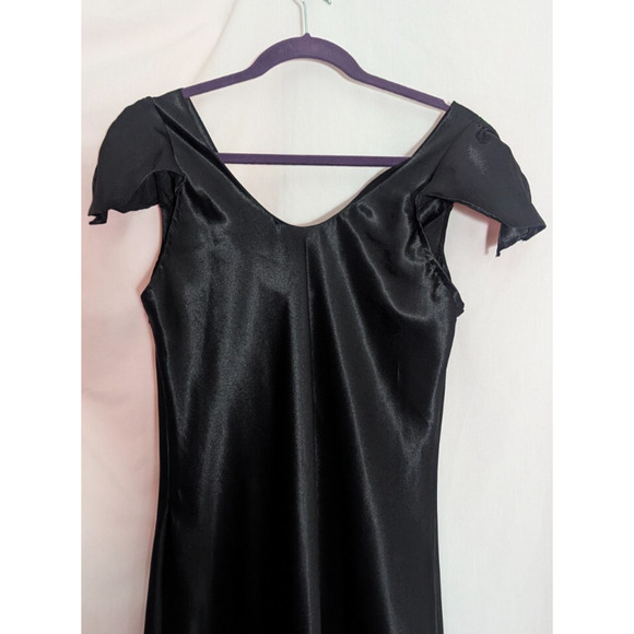 Vtg Fashion Dove Black Satin Flutter Sleeve Maxi Dress M/L P1 Whimsigoth Fairy - Picture 4 of 5
